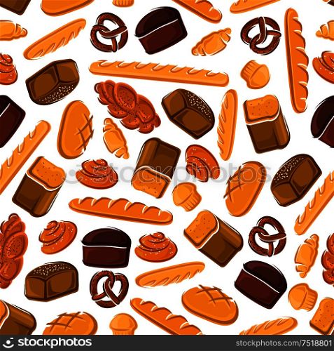 Bakery seamless vector background. Vector bake pattern wallpaper of croissant, bread, baguette, muffin, bun, loaf, pretzel, bagel, pie. Bread elements for patisserie cafe bakery pastry shop. Bakery and patisserie seamless pattern background