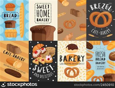 Bakery set of posters and banners with bread and pastry, cereal ears, design elements isolated vector illustration. Bakery Posters And Banners Set