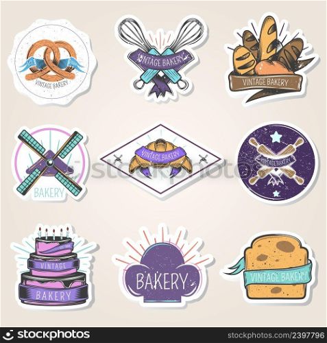 Bakery set of stickers with flour products, culinary tools, windmill, design elements, vintage style isolated vector illustration. Bakery Stickers Set Vintage Style