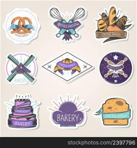 Bakery set of stickers with flour products, culinary tools, windmill, design elements, vintage style isolated vector illustration. Bakery Stickers Set Vintage Style