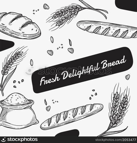 Bakery shop and pastry shop, store with food assortment. Wholegrain products, french baguette and wheat grain. Promo banner, food advertisement. Monochrome sketch outline, vector in flat style. Fresh delightful bread, baguette and bakery shop