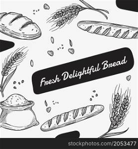 Bakery shop and pastry shop, store with food assortment. Wholegrain products, french baguette and wheat grain. Promo banner, food advertisement. Monochrome sketch outline, vector in flat style. Fresh delightful bread, baguette and bakery shop