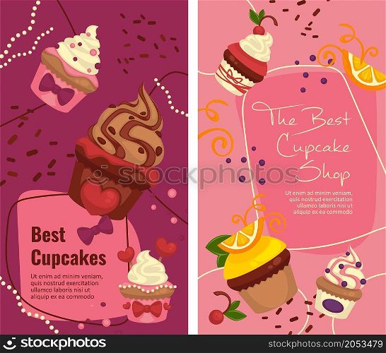 Bakery shop and products, best cupcakes with mousse and topping. Confectionery and pastry with cherry decoration and lemon slice. Promo banner, advertisement or food presentation. Vector in flat style. Best cupcakes, bakery shop or store with sale