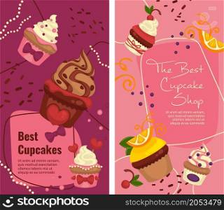 Bakery shop and products, best cupcakes with mousse and topping. Confectionery and pastry with cherry decoration and lemon slice. Promo banner, advertisement or food presentation. Vector in flat style. Best cupcakes, bakery shop or store with sale
