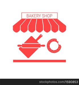 Bakery Shop, Bakehouse Single Flat Icon. Striped Awning and Signboard. A Series of Shop Icons. Vector Illustration.. Bakery Shop, Bakehouse Single Flat Icon. Striped Awning and Signboard