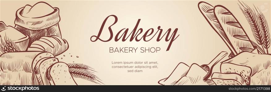 Bakery shop banner with hand drawn bread and pastry isolated on white background. Bakery shop banner with hand drawn bread and pastry