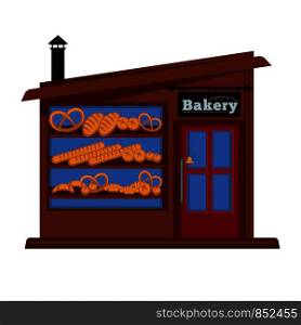 Bakery shop booth or bread baking vendor store vector isolated facade icon. Bakery flat design street view with shop-window , door and signage. Bakery shop booth facade building of bread vendor store vector flat design isolated icon