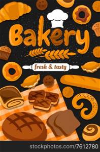 Bakery shop bread, pies or bagels and buns, baker shop baking production, typography with wheat spikelet and chef toque, fresh and tasty vector rye sweet dessert donut, croissant and baguette. Bakery shop production, sweet desserts