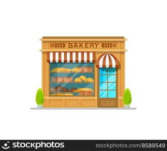 Bakery shop building facade with glass showcase, signboard and canopy. Vector baking store, cafe, bread, pastry and dessert boutique with various baked products. Bakery shop building facade with glass showcase