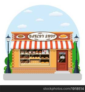 Bakery shop building facade with signboard. Bakery facade flat icon. Cityscape, buildings, clouds. vector illustration in flat style. Bakery shop front veiw flat icon.