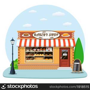 Bakery shop building facade with signboard. Bakery facade flat icon. Cityscape, buildings, clouds. vector illustration in flat style. Bakery shop front veiw flat icon.