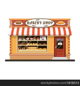 Bakery shop building facade with signboard. Bakery facade flat icon. vector illustration in flat style. Bakery shop front veiw flat icon.