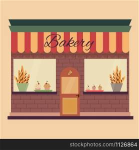 Bakery shop building facade with signboard. Flat style illustration or icon. EPS 10 vector.. Flat Illustration of the bakery