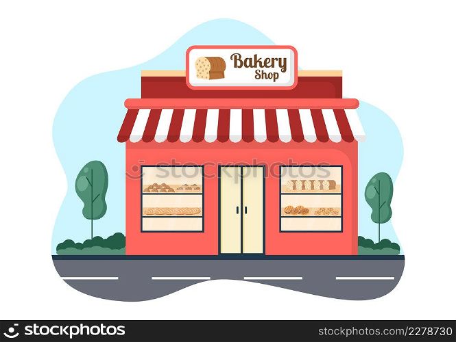 Bakery Shop Building That Sells Various Types of Bread such as White Bread, Pastry and Others All Baked in Flat Background for Poster Illustration