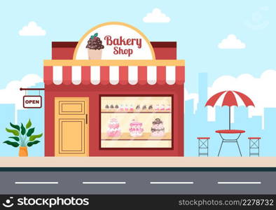 Bakery Shop Building That Sells Various Types of Bread such as White Bread, Pastry and Others All Baked in Flat Background for Poster Illustration