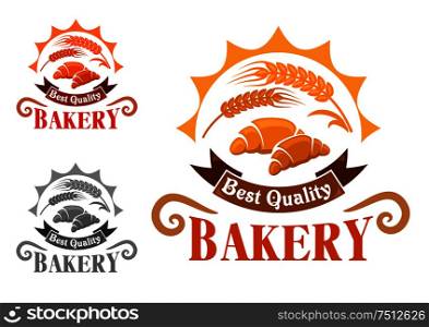 Bakery shop emblem with french croissants and golden wheat ears in rays of sun, adorned by ribbon banner with text Best Quality. Yellow, orange and gray color variations. Bakery shop emblem with french croissants