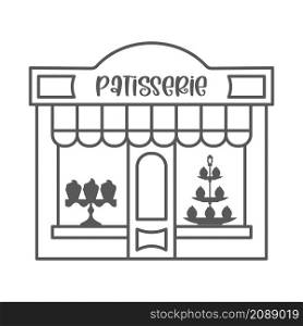 Bakery shop icon. Patisserie front with signboard. Pastry store. Facade of market. Outline vector illustration. Bakery shop icon. Patisserie front with signboard. Pastry store. Facade of market. Outline vector illustration.