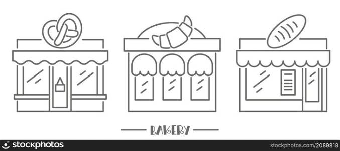 Bakery shop icons. Patisserie front with signboard. Pastry store. Facade of market. Outline vector set. Bakery shop icons. Patisserie front with signboard. Pastry store. Facade of market. Outline vector set.