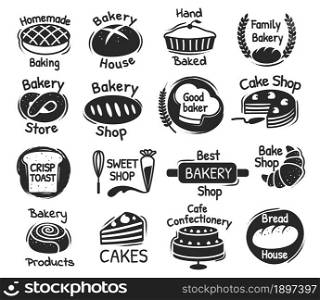 Bakery shop lettering logo, confectionery and desserts labels. Delicious handmade pastry, baking products packaging stamp design vector set. Best bakery house and sweet store logotype. Bakery shop lettering logo, confectionery and desserts labels. Delicious handmade pastry, baking products packaging stamp design vector set