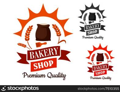Bakery shop retro sign with flour and wooden scoop, framed by sun rays, wheat, swirling ribbon banner and text Premium Quality
