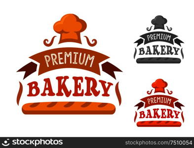 Bakery shop sign with fresh french baguette framed by ribbon banner with text and toque on the top. In orange, red and gray variations. Bakery shop sign with baguette and toque