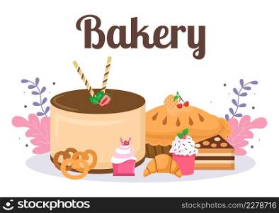 Bakery Shop That Sells Various Types of Bread such as White Bread, Pastry and Others All Baked in Flat Background for Poster Illustration