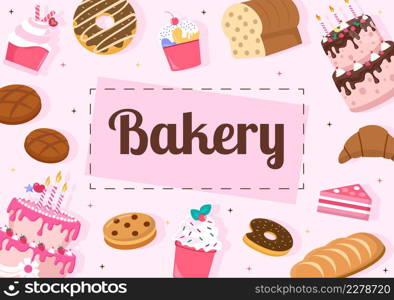 Bakery Shop That Sells Various Types of Bread such as White Bread, Pastry and Others All Baked in Flat Background for Poster Illustration