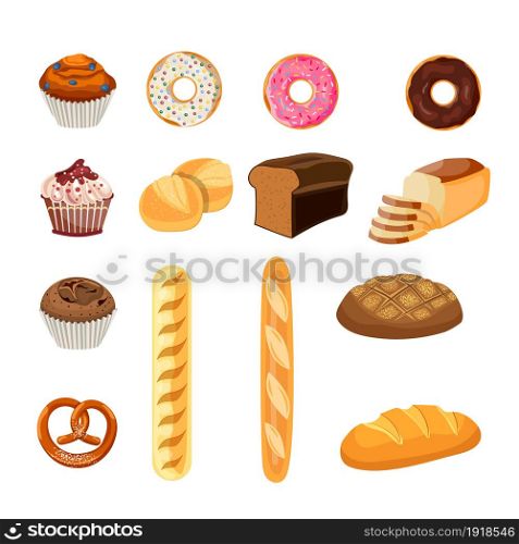 Bakery shop vector icons. Baked bread products wheat, rye bread loafs, bagels, sliced bread toasts, french donut or doughnut,cake with raisins. Elements for bakery, pastry design,. Set of bread food,