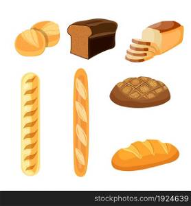 Bakery shop vector icons. Baked bread products wheat, rye bread loafs, bagels, sliced bread toasts. Elements for bakery, pastry design. Bakery shop vector icons.
