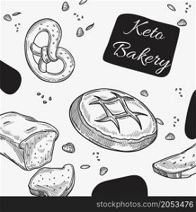 Bakery shop with keto products, pretzel and tasty bread with wholegrain. Seamless pattern or menu for restaurant. Promo banner, food advertisement. Monochrome sketch outline, vector in flat style. Keto bakery, fresh bread and pretzel monochrome