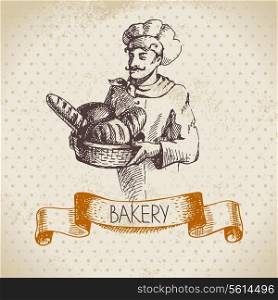 Bakery sketch background. Vintage hand drawn illustration of baker