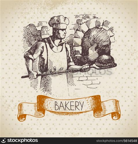 Bakery sketch background. Vintage hand drawn illustration of baker
