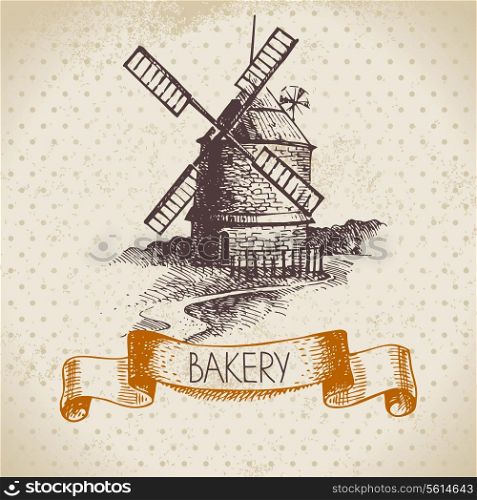 Bakery sketch background. Vintage hand drawn illustration of mill