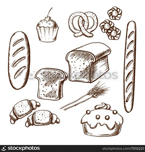 Bakery sketch icons set isolated on background for cafe, restaurant or pastry menu design. Bakery sketch icons with bread and pastry