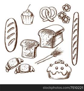 Bakery sketch icons set isolated on background for cafe, restaurant or pastry menu design. Bakery sketch icons with bread and pastry