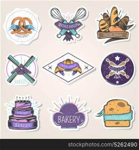 Bakery Stickers Set Vintage Style. Bakery set of stickers with flour products, culinary tools, windmill, design elements, vintage style isolated vector illustration
