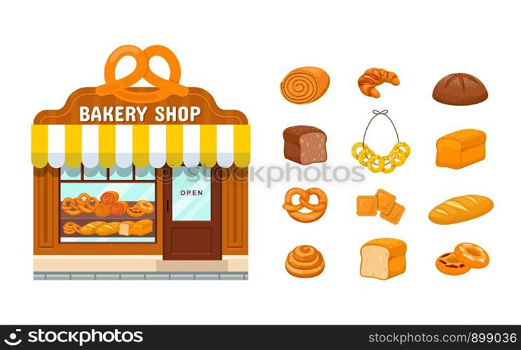 Bakery store and set of bakery products on white background. Facade of bakery shop.Baked products in cartoon style.