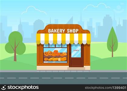 Bakery store in flat style. Facade of bakery shop.Big city on background.. Bakery store in flat style.
