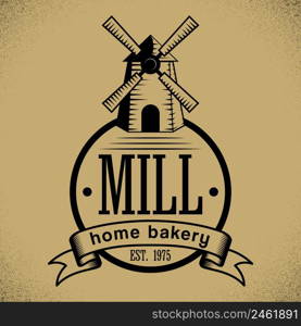 Bakery Stylish Poster with cartoon of mill on beige background vector illustration