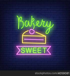 Bakery sweet neon sign. Slice of cake with cherry. Night bright advertisement. Vector illustration in neon style for candy bar and celebration event