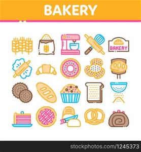 Bakery Tasty Food Collection Icons Set Vector. Bakery Cake And Bread, Pie And Donut, Cookie And Croissant, Wheat And Flour Concept Linear Pictograms. Color Illustrations. Bakery Tasty Food Collection Icons Set Vector