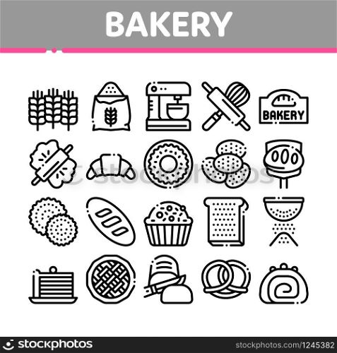 Bakery Tasty Food Collection Icons Set Vector. Bakery Cake And Bread, Pie And Donut, Cookie And Croissant, Wheat And Flour Concept Linear Pictograms. Monochrome Contour Illustrations. Bakery Tasty Food Collection Icons Set Vector