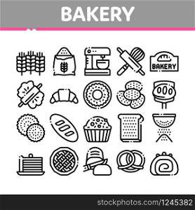 Bakery Tasty Food Collection Icons Set Vector. Bakery Cake And Bread, Pie And Donut, Cookie And Croissant, Wheat And Flour Concept Linear Pictograms. Monochrome Contour Illustrations. Bakery Tasty Food Collection Icons Set Vector