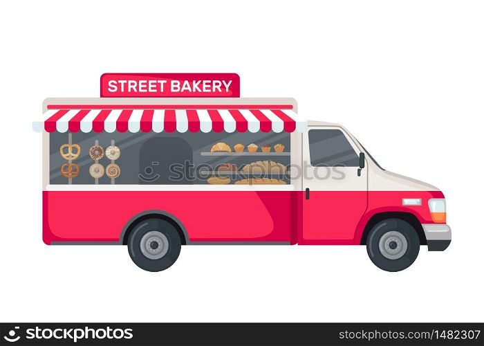 Bakery truck icon in flat style isolated on white background. Food vehicle truck. Vector illustration.. Bakery truck icon in flat style isolated on white background.