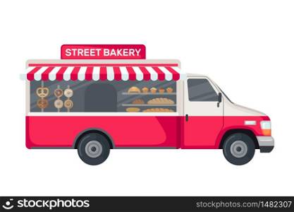 Bakery truck icon in flat style isolated on white background. Food vehicle truck. Vector illustration.. Bakery truck icon in flat style isolated on white background.