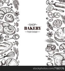 Bakery vector retro background with hand drawn doodle bread. Illustration bakery and bread shop, vintage drawing poster. Bakery vector retro background with hand drawn doodle bread