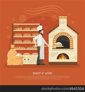 Bakery Work Illustration. Male baker working in bakery with bread on shelves flat vector illustration