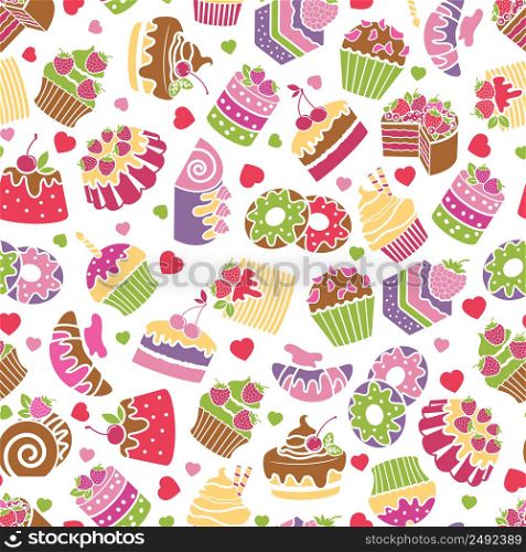 Baking and desserts seamless pattern background. Food and cream, sweet design, birthday decoration, vector illustration. Baking and desserts seamless pattern background