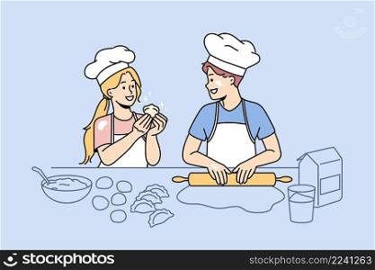 Baking and leisure fun concept. Happy excited children kids standing wearing chef hats cooking baking dumplings together in kitchen vector illustration. Baking and leisure fun concept