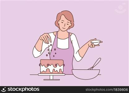 Baking and sweet food concept. Young smiling woman baker in apron standing adding decorations to freshly baked cake vector illustration . Baking and sweet food concept